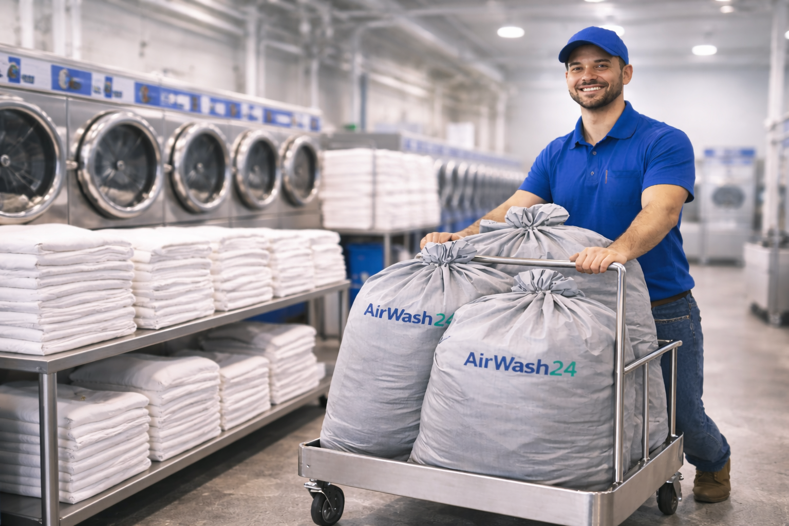 Folded commercial laundry ready for scheduled pickup and delivery
